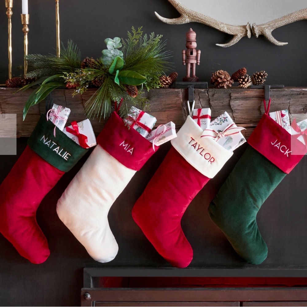 Pottery Barn Velvet Christmas Stocking Ivory with Red Cuff NWT